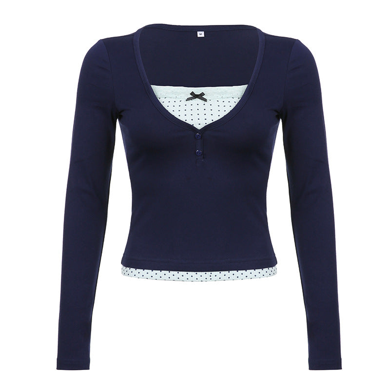 Chic V-Neck Colorblock Bow Tee for Women
