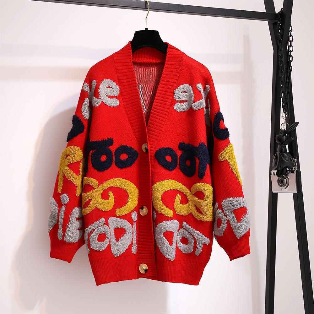 Foreign Trade Korean Style Loose and Idle Style Letter V-neck Mid-length Sweater