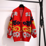 Foreign Trade Korean Style Loose and Idle Style Letter V-neck Mid-length Sweater