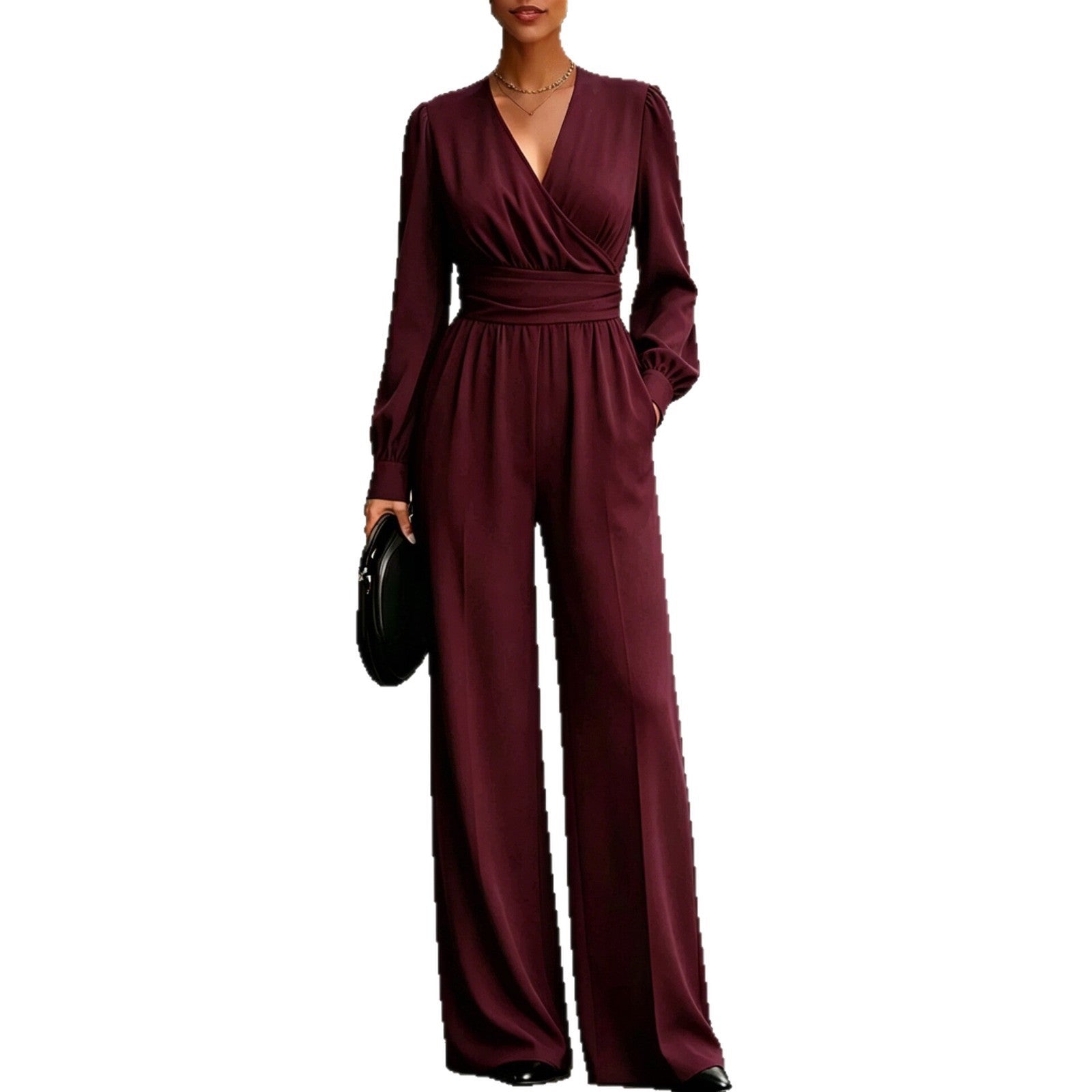 Elegant Long-Sleeve V-Neck Jumpsuit with Fitted Waist