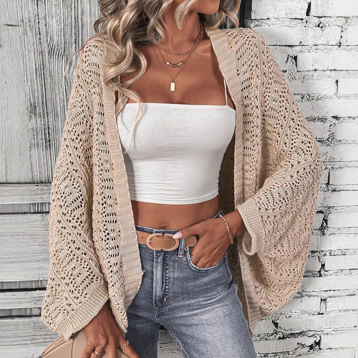 Hollow-out Batwing-sleeved Cardigan Sweater Coat