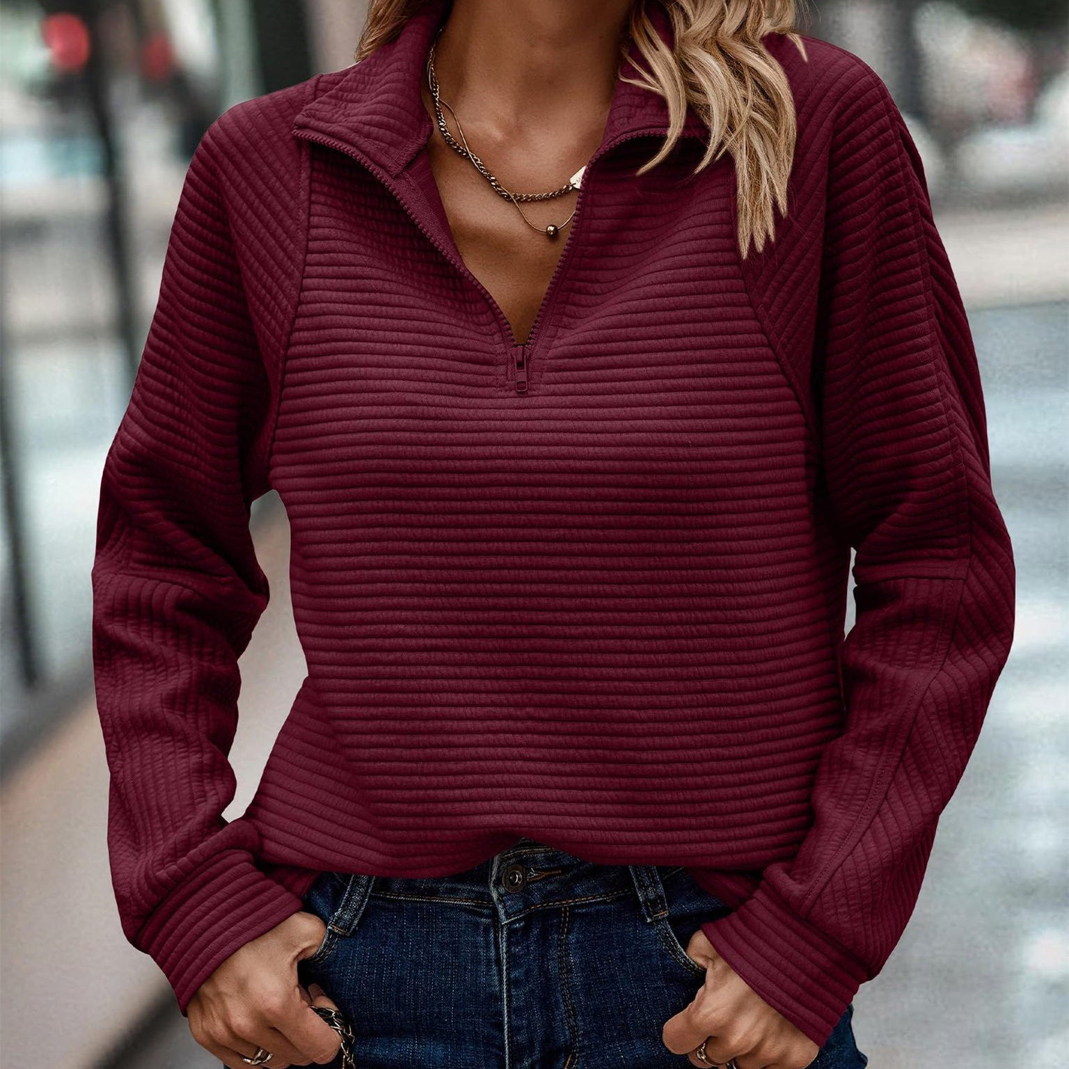 Women's Striped Zipper Stand Collar Sweatshirt