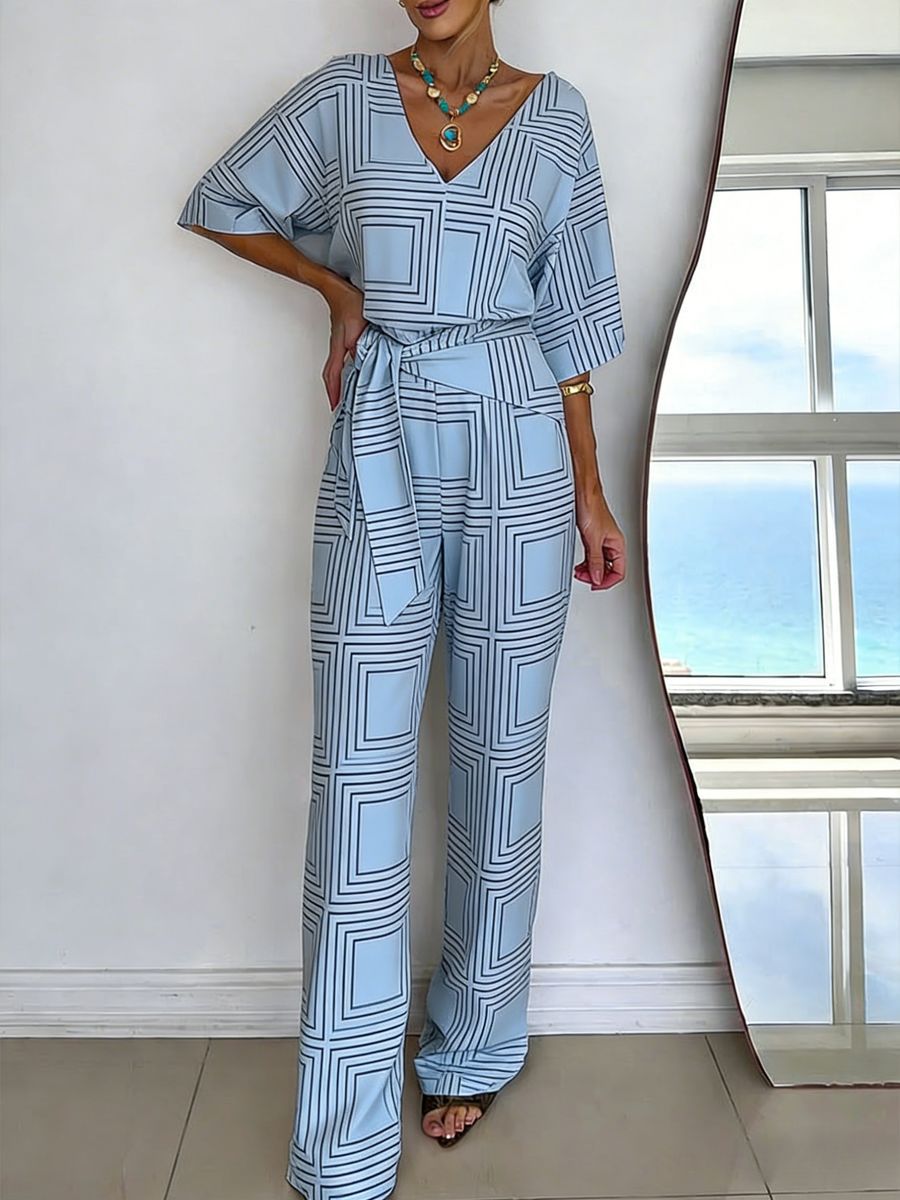 Womens V-neck Casual Mid-length Sleeve Belted Jumpsuit