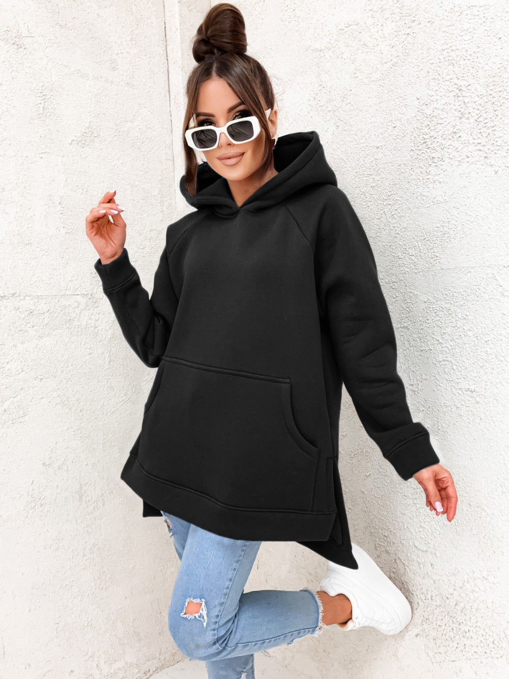 Women's Solid Color Casual Loose Hooded Sweatshirt