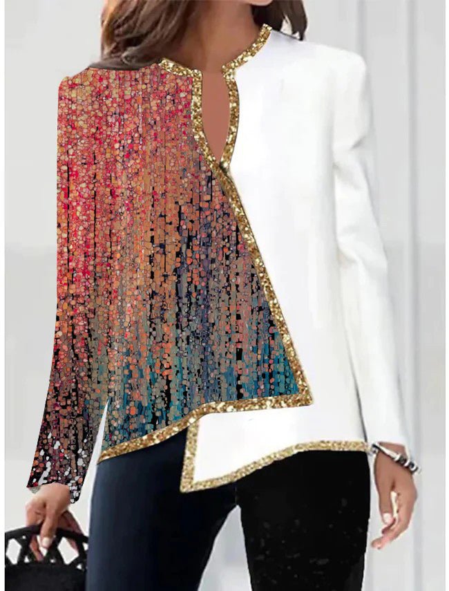 Floral Print V-Neck Asymmetric Long Sleeve Women's Top