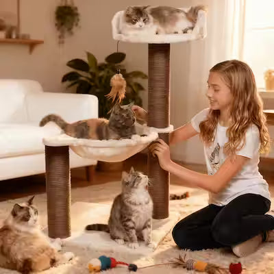 Multi-level cat tree with hammock and scratching posts