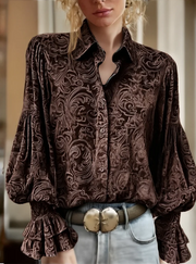 Retro Floral Puff Sleeve Stand Collar Shirt