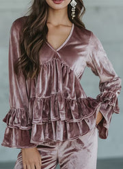 Casual V-Neck Ruffled Bell Sleeve Top