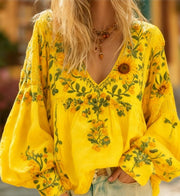 Floral Embroidered V-Neck Puff Sleeve Boho Top