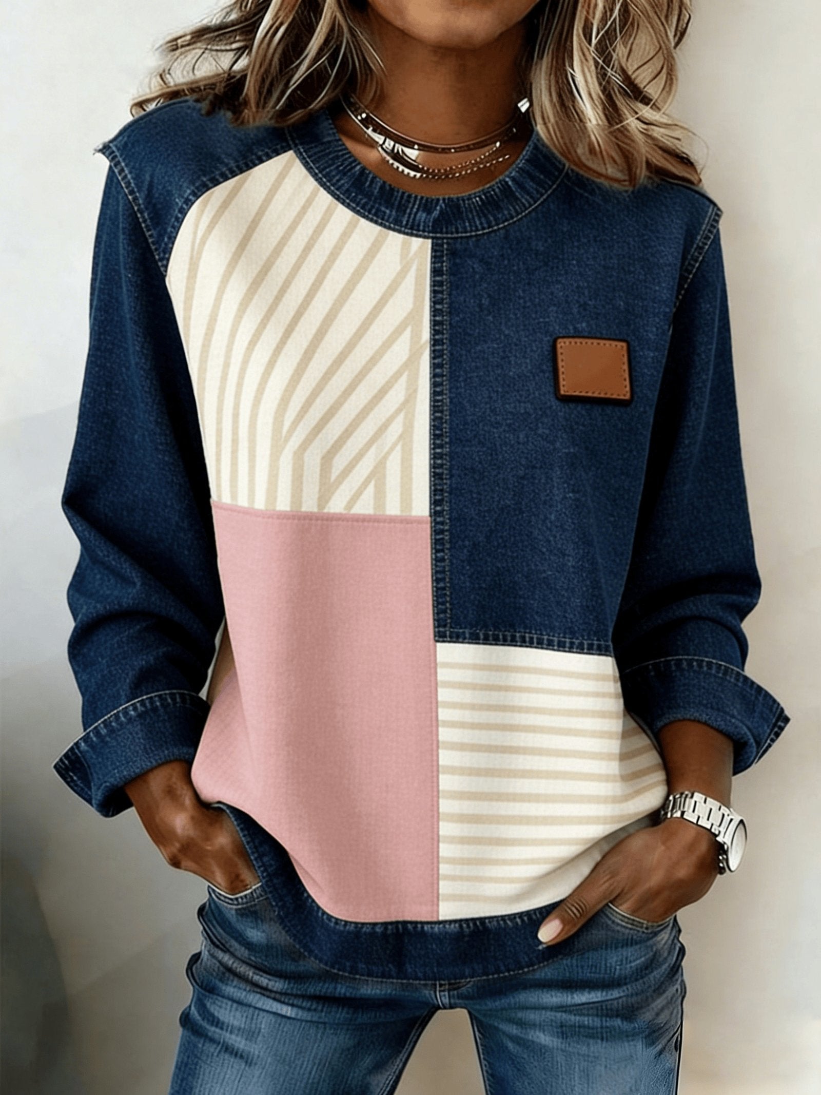 Retro Denim Patchwork Long-sleeved Top for Women