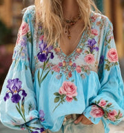 Floral Embroidered V-Neck Puff Sleeve Boho Top