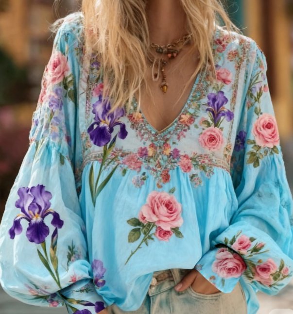 Floral Embroidered V-Neck Puff Sleeve Boho Top