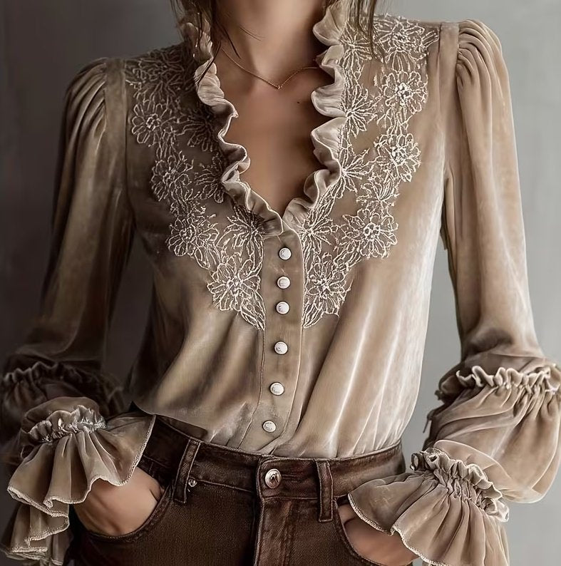 Retro Ruffled V-Neck Long-Sleeve Shirt