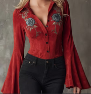 Retro Bell-Sleeve Slim-Fit Button-Down Top