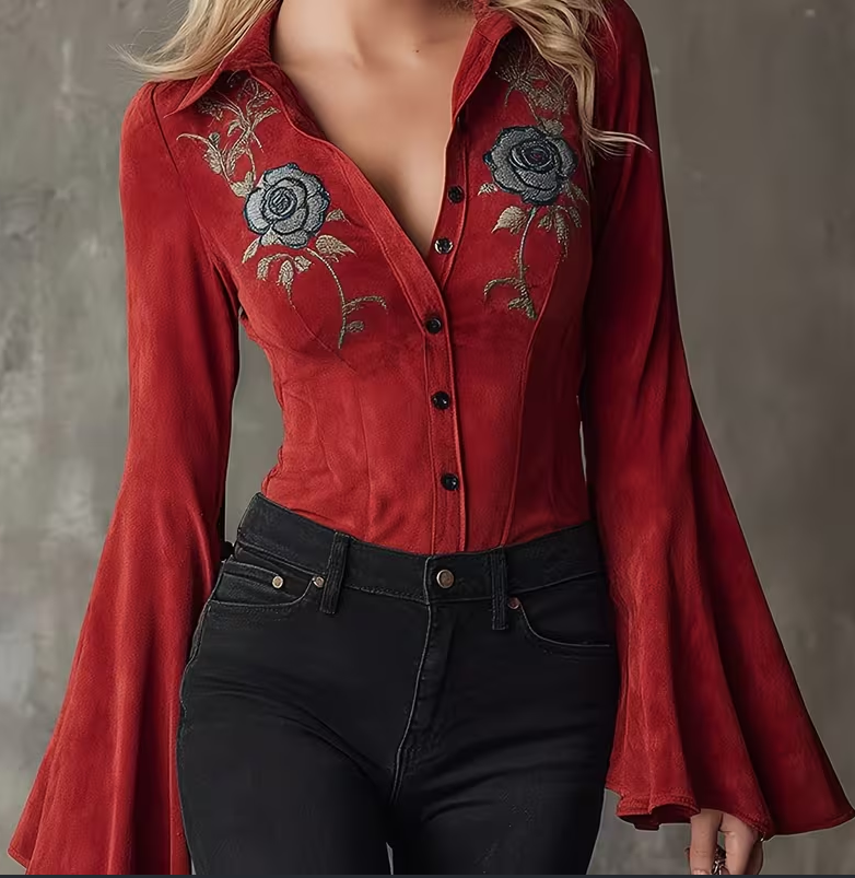 Retro Bell-Sleeve Slim-Fit Button-Down Top