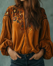 Floral Velvet V-Neck Puff Sleeve Top