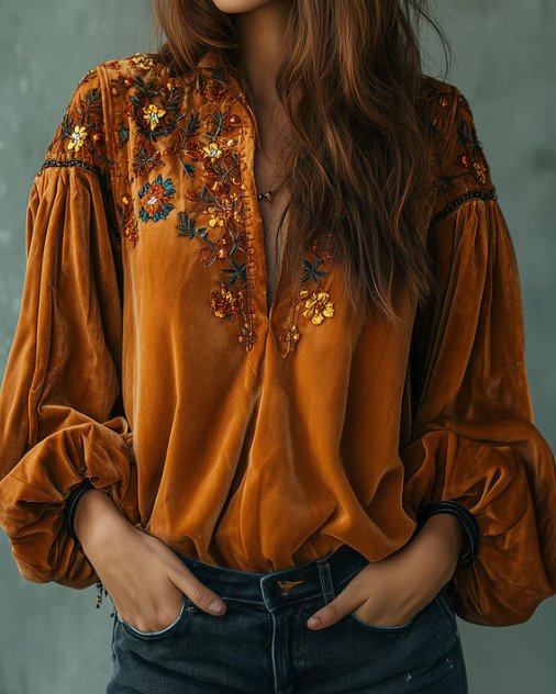 Floral Velvet V-Neck Puff Sleeve Top