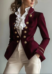 Vintage Burgundy Court Blazer with Gold Buttons & Ruffled Collar