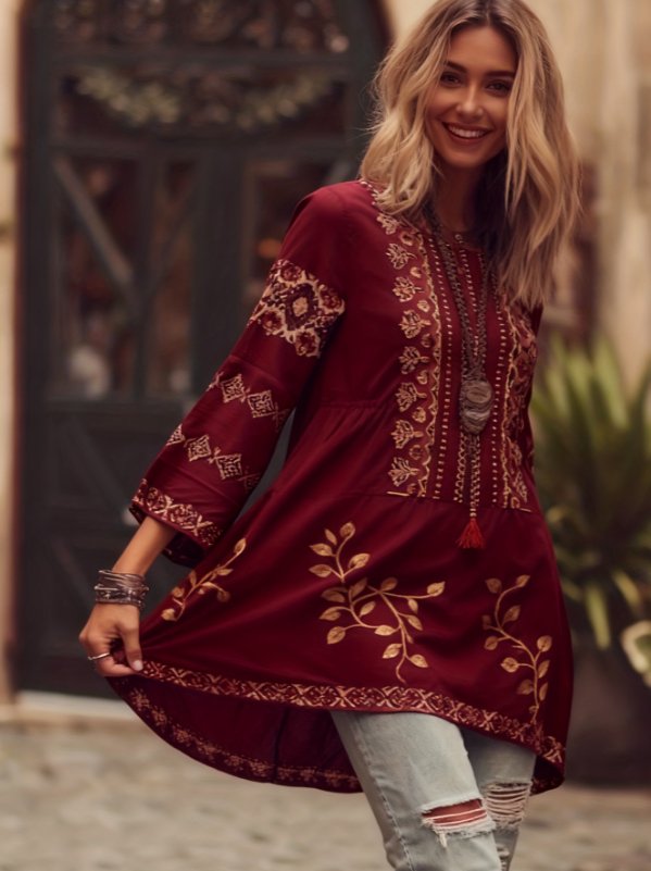 Boho Ethnic Print Bell Sleeve Casual Top