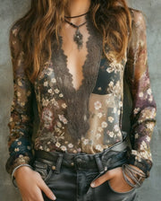Floral Lace V-Neck Long Sleeve Casual Blouse