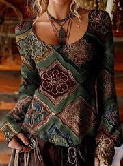 Retro Diamond Jacquard Square Neck Puff Sleeve Top