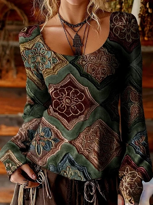 Retro Diamond Jacquard Square Neck Puff Sleeve Top