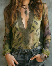 Floral Lace V-Neck Long-Sleeve Casual Blouse