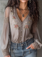 Retro Lace V-Neck Puff Sleeve Casual Shirt
