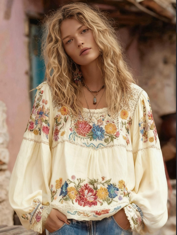Boho Linen Lantern-Sleeve Square-Neck Top