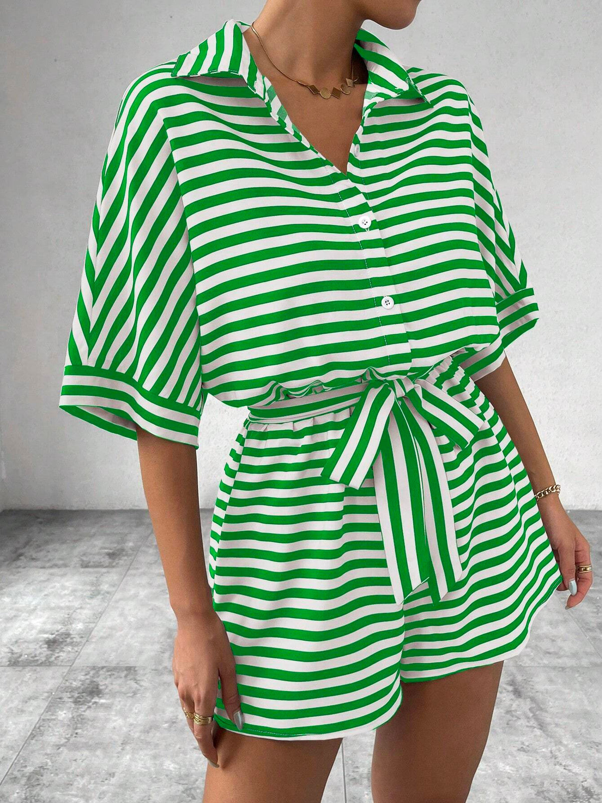 Summer Striped Lapel Belted Jumpsuit