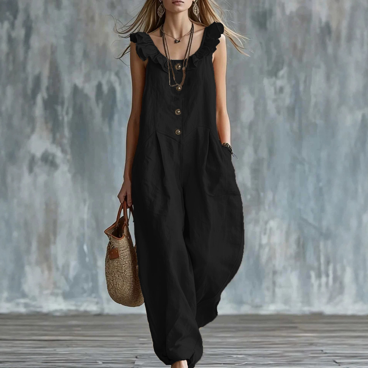Boho Sleeveless Button-Down Wide Leg Jumpsuit