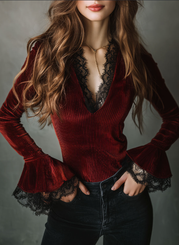 Velvet Striped Lace V-Neck Slim Fit Long-Sleeve Top