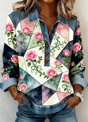 Denim Patchwork Button-Down Long-Sleeve Shirt