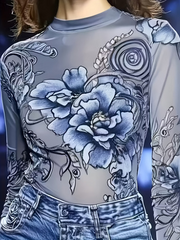 Sheer Floral Mesh High Neck Long Sleeve Top