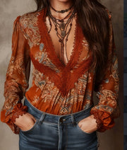 Retro Paisley V-Neck Lace Puff Sleeve Blouse