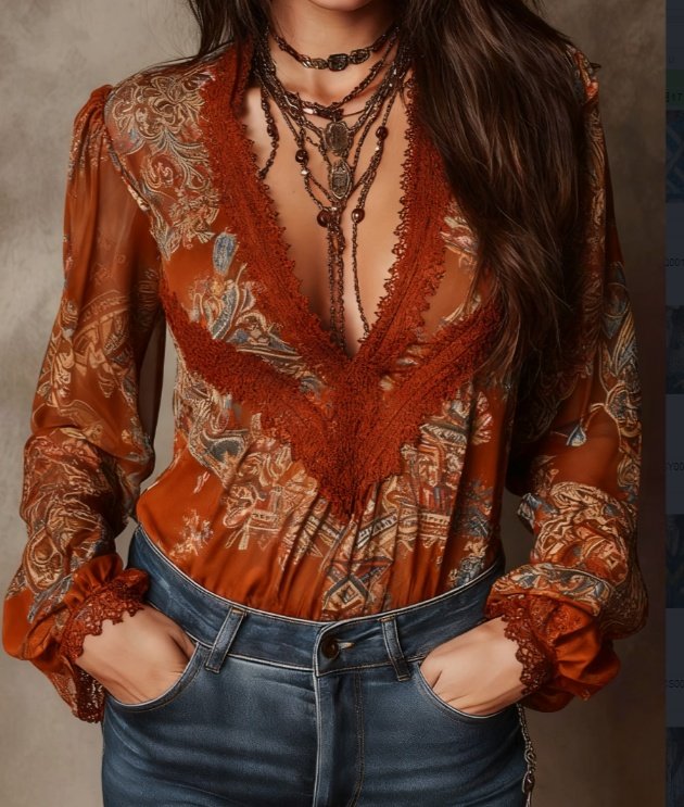 Retro Paisley V-Neck Lace Puff Sleeve Blouse