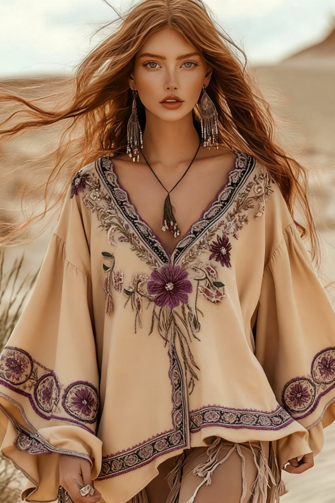Boho V-Neck Bell Sleeve Loose Top