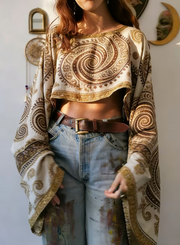Boho Ethnic Print Long-Sleeve Crop Top