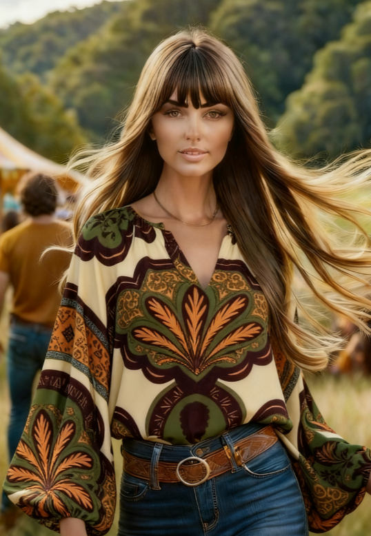 Women's Bohemian Retro Floral Long-Sleeve Tee