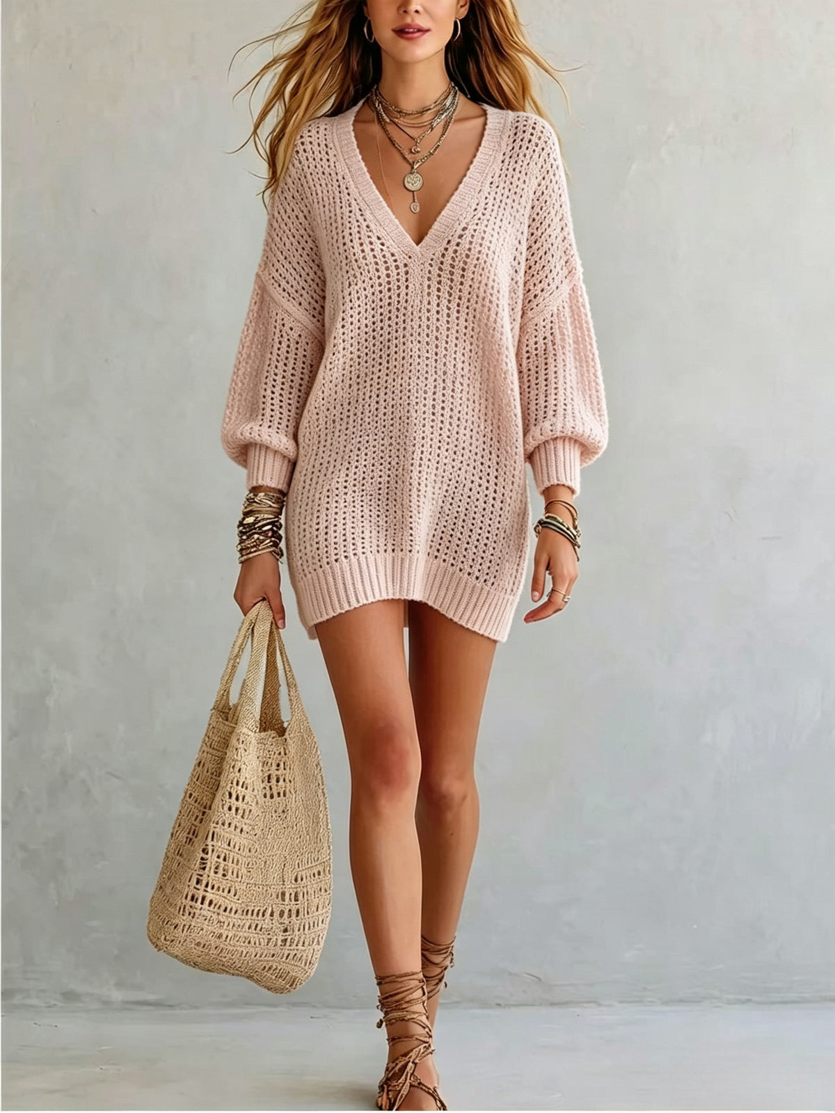 Womens Hollowed-out Long-sleeve Knitted Sweater
