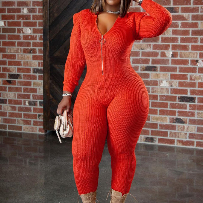 Women's Fall Winter Fashion Knitted Wool Padded Shoulder Hooded Jumpsuit