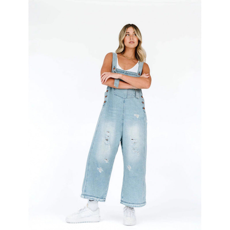 Vintage Distressed Wide-Leg Denim Suspender Pants