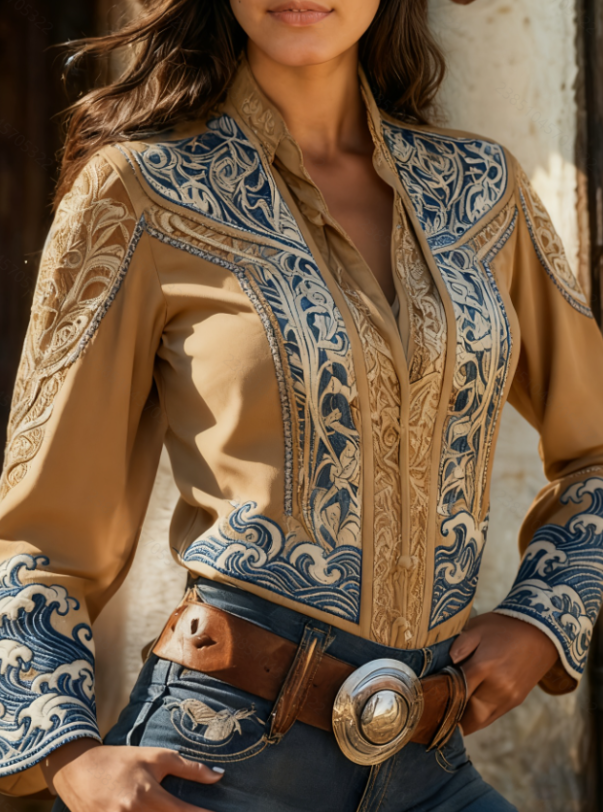 Western Embroidered Lapel Shirt for Women