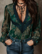 Retro Paisley V-Neck Lace Puff Sleeve Top