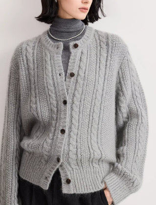 Mohair Twisted Round-neck Layered Cardigan Sweater
