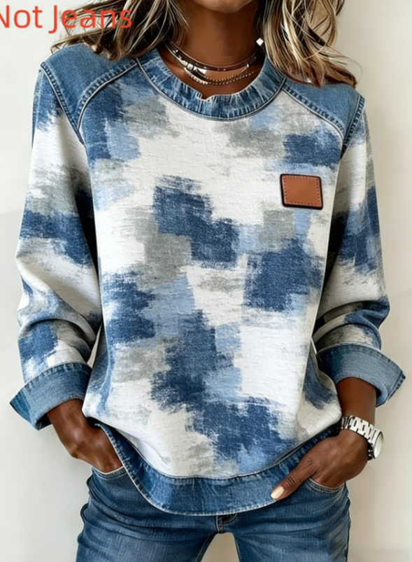 Retro Color-Blocked Long-Sleeve Casual Loose Top for Women
