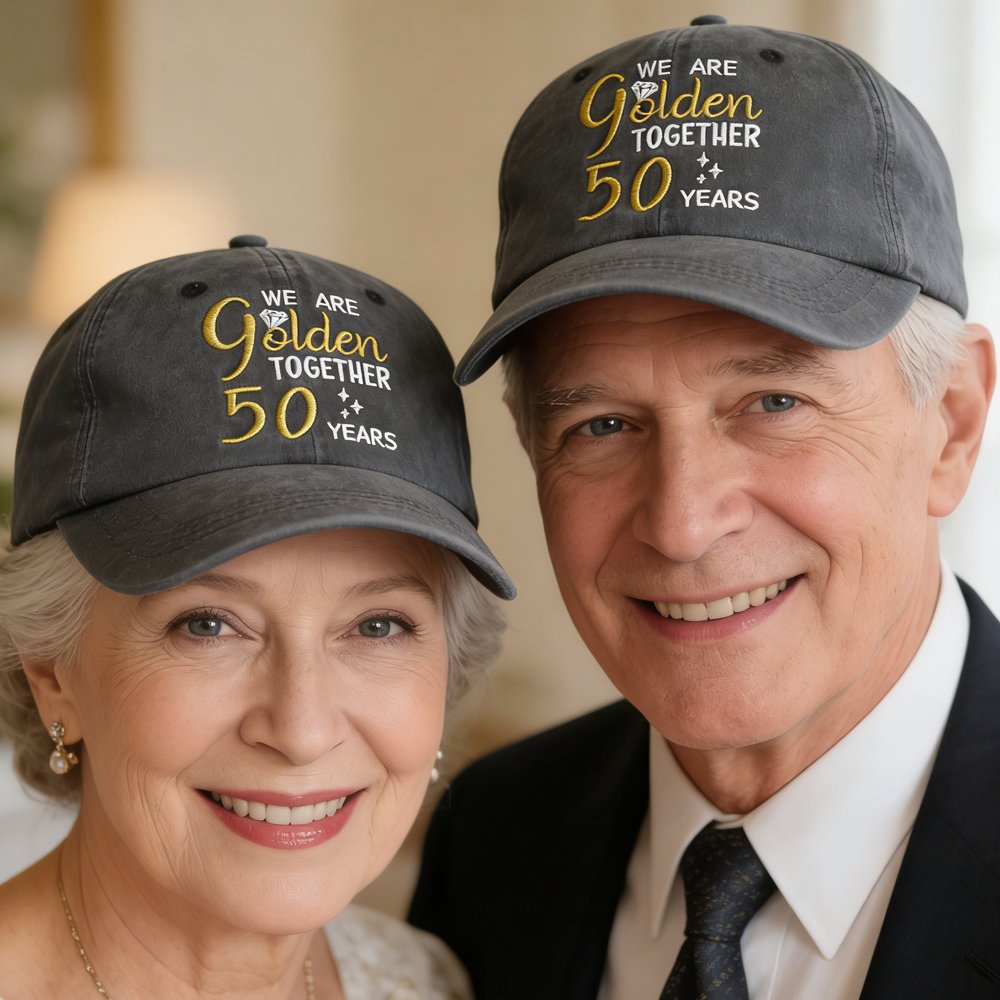 Golden 50th Anniversary Couple Baseball Cap Set for Him Her
