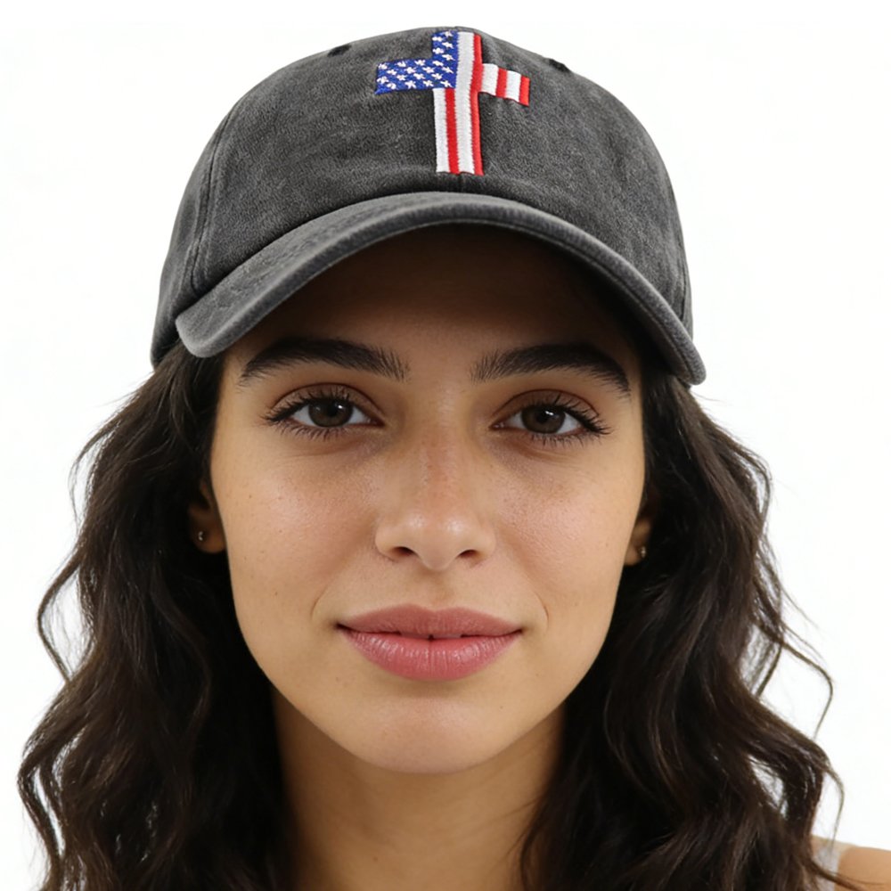 2PCS Patriotic Christian Baseball Cap - Embroidered Cross & American Flag