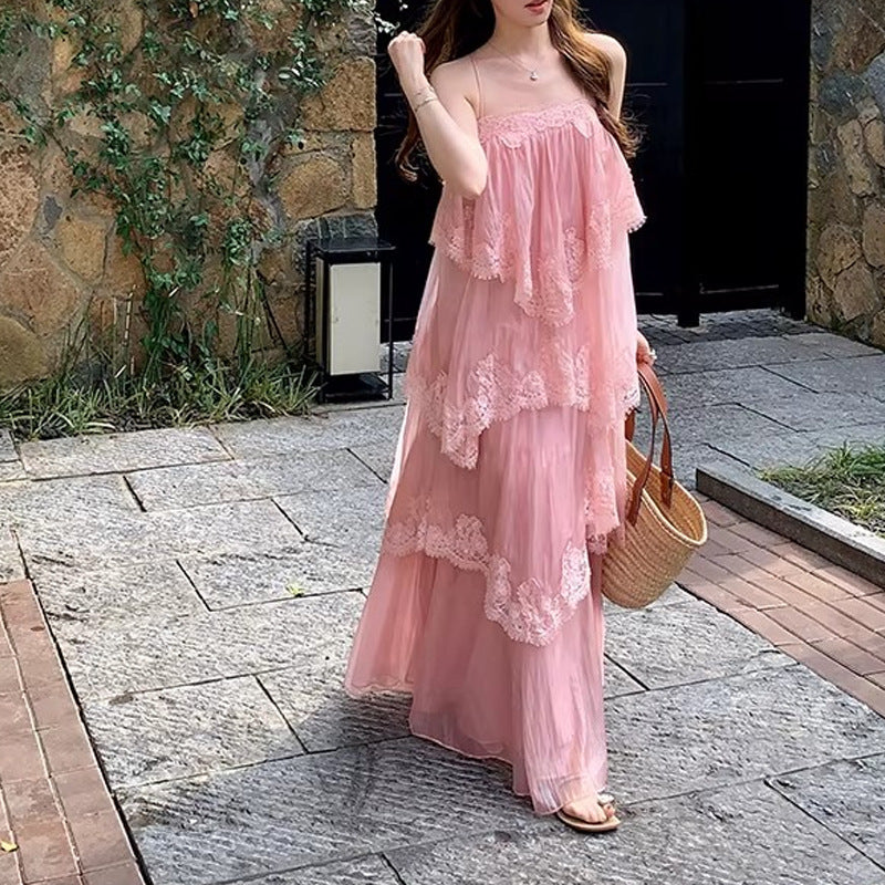 French Lace Backless Fairy-like Tiered Dress