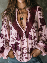 Retro Lace Deep V Lantern Sleeve Bohemian Blouse